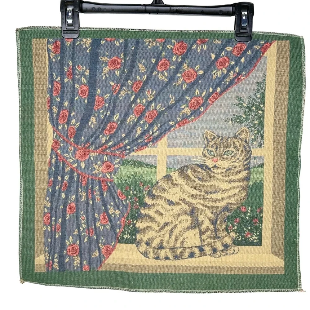 Vintage Cat Woven Tapestry Panel Home Decor Cottagecore Art Grannycore Rustic